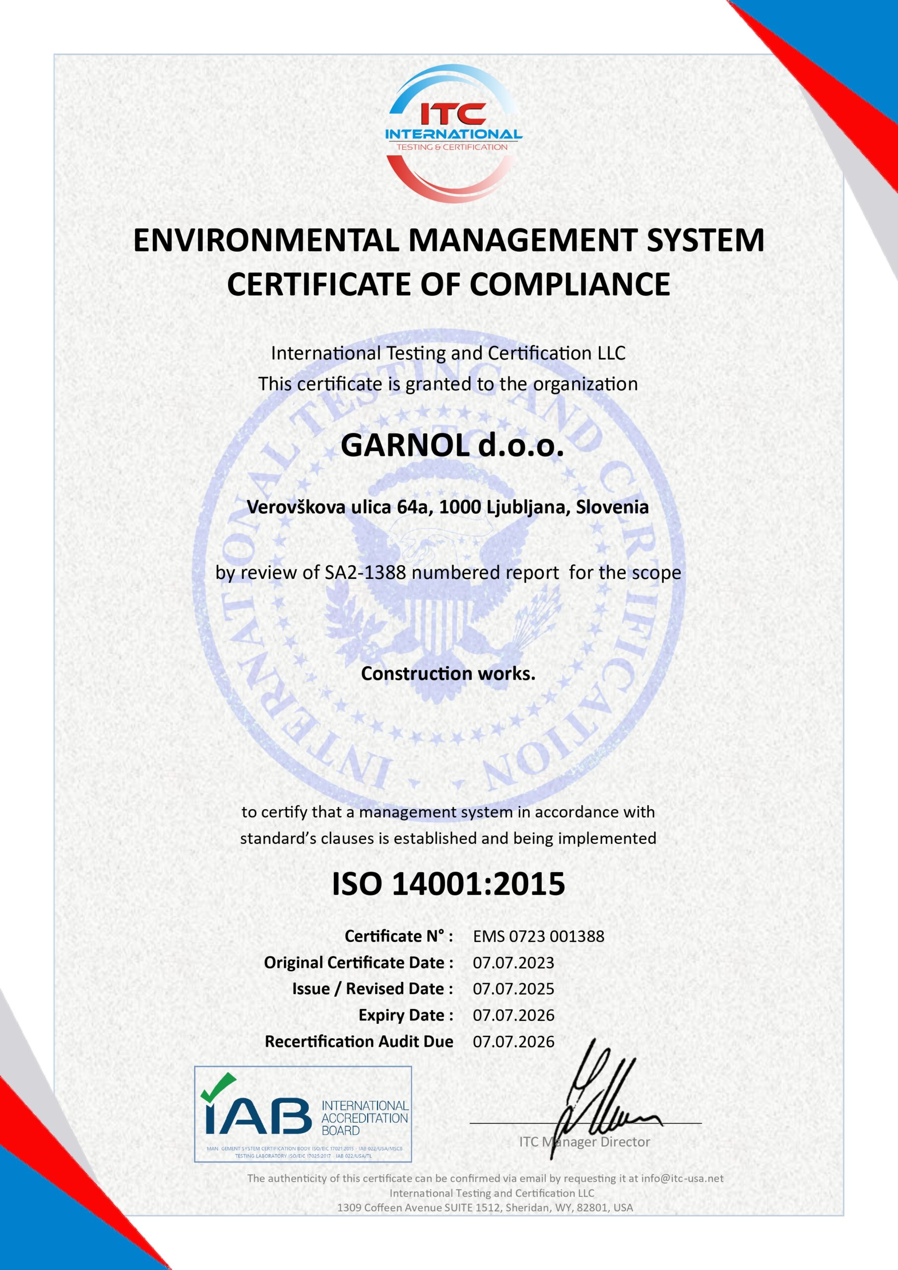 ISO 14001:2015 Certification Badge